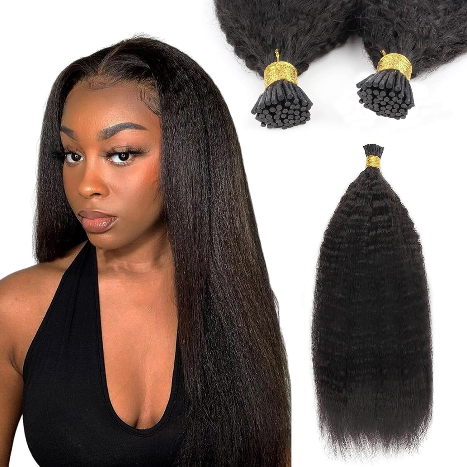 20Inch I Tip Hair Extensions Kinky Straight for Black Women Cold Fusion Remy Hair Bundles Pre Bonded Keratin Stick In Hair Extensions Long Curly for Black Women 50g/50s Curly Tip In Hair Extensions
